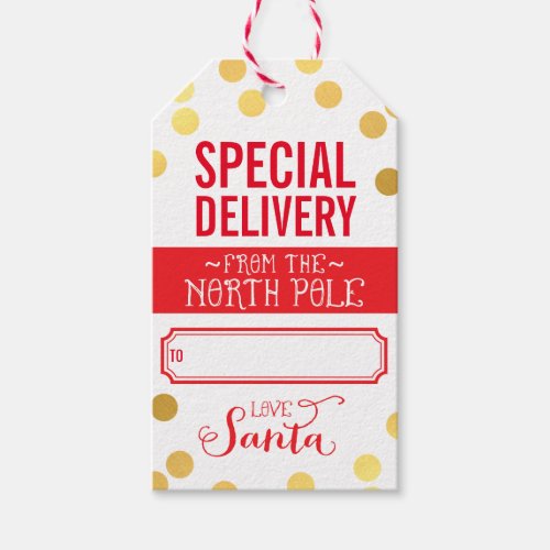 HOLIDAY GIFT TAG special delivery santa gold red