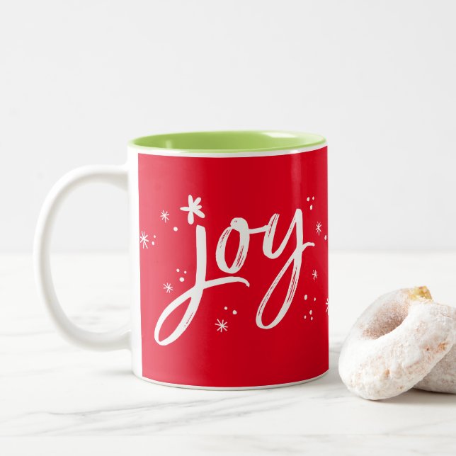 HOLIDAY GIFT trendy hand lettered festive joy red Two-Tone Coffee Mug (With Donut)