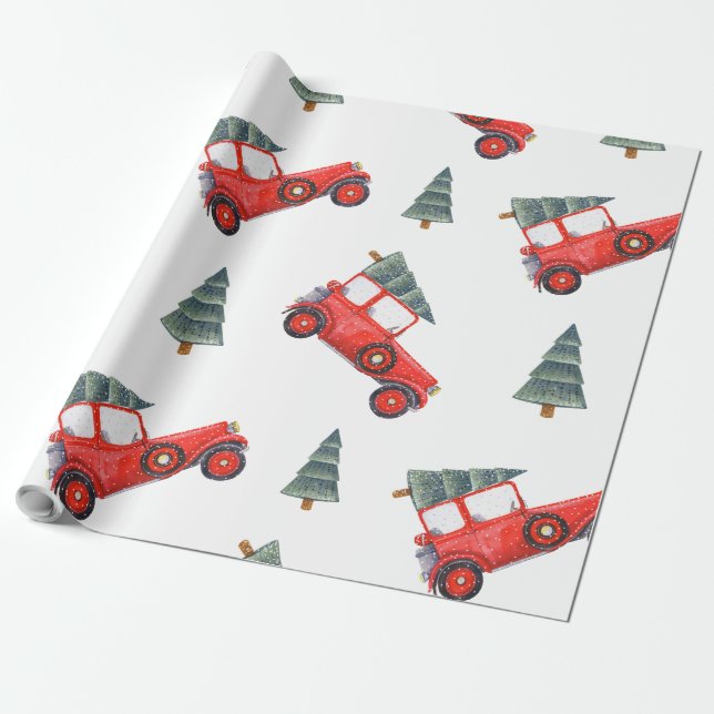 Holiday Gift Wrap Red Car and Christmas Tree (Unrolled)