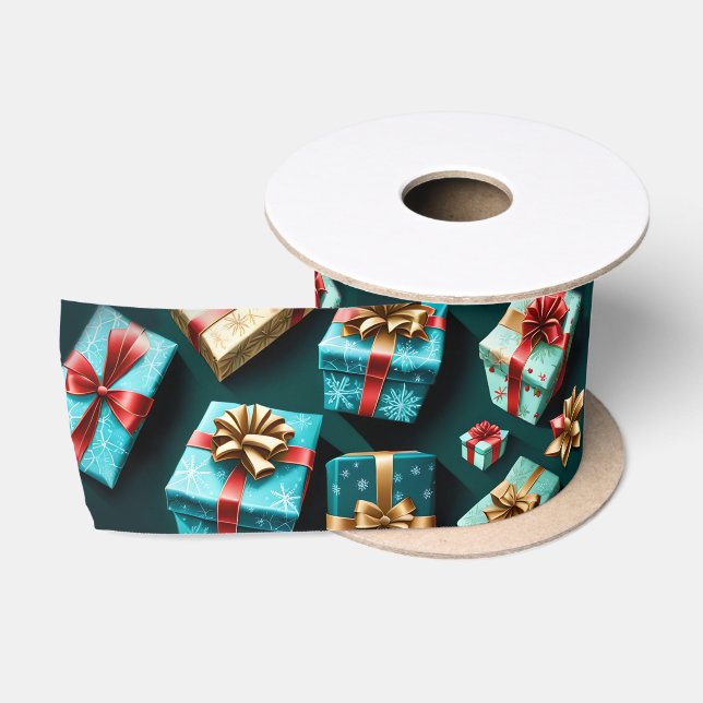 Holiday Gifts Stylish Wrap Gold Blue Red  Satin Ribbon (Spool)
