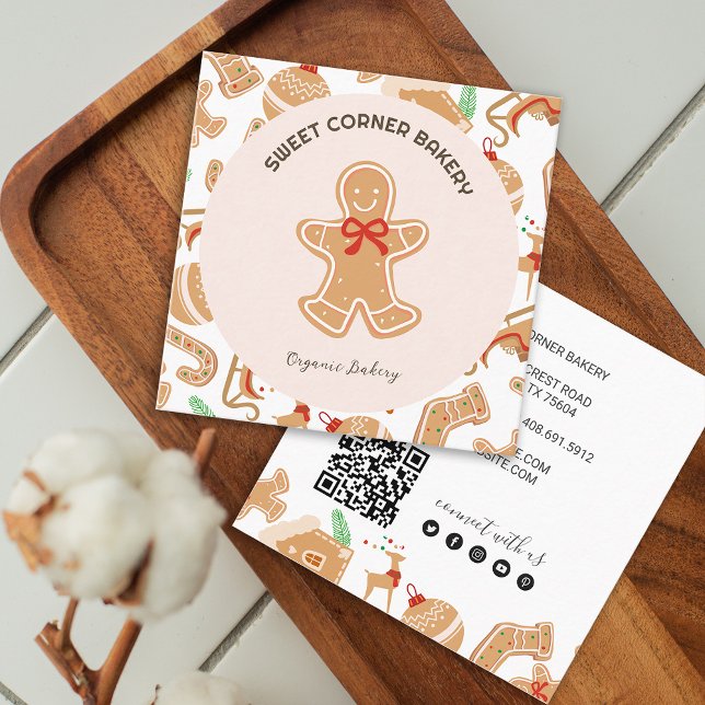Holiday Gingerbread Bakery QR Code Square Business Card (Holiday Gingerbread Xmas Bakery Square Business Card)