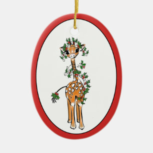 Holiday Giraffe -green and red Holly garland Ceramic Ornament