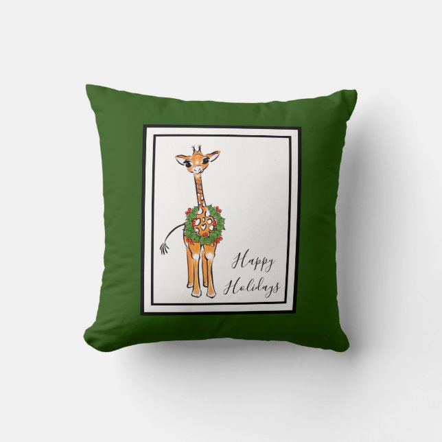 Holiday Giraffe- red and green Holiday wreath Throw Pillow (Front)