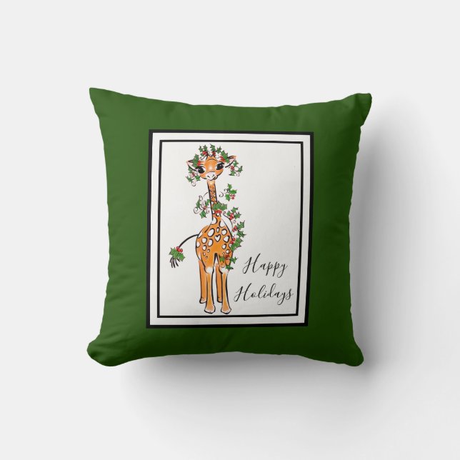 Holiday Giraffe- red and green Holly Throw Pillow (Front)