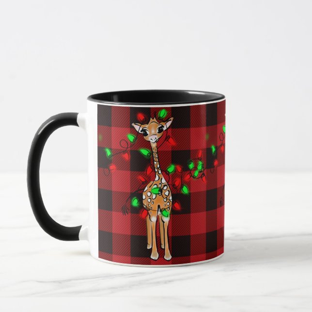 Holiday Giraffe , red tartan, twinkle lights Mug (Left)