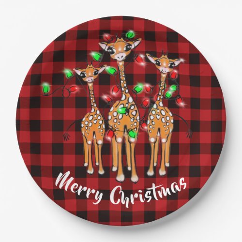 Holiday Giraffes twinkle lights plaid Paper Plates