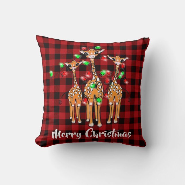 Holiday Giraffe’s, twinkle lights, plaid Throw Pillow (Front)
