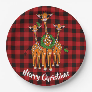 Holiday Giraffe’s, wreath, Red Tartan plaid Paper Plates
