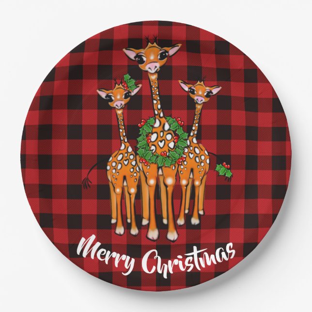 Holiday Giraffe’s, wreath, Red Tartan plaid Paper Plates (Front)