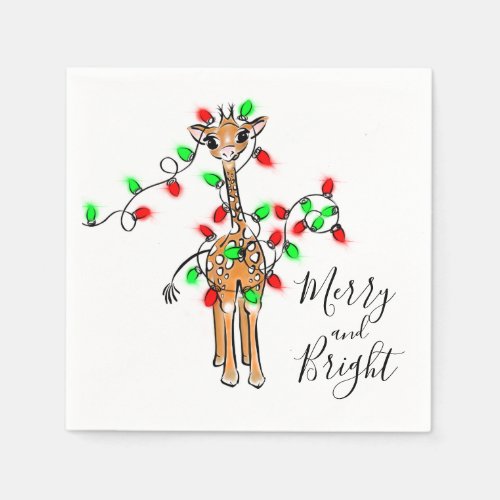 Holiday Giraffe_ twinkle red and green lights Paper Napkins