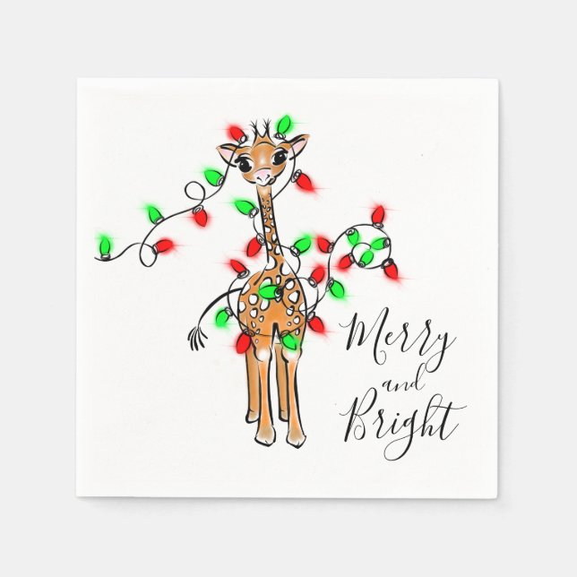 Holiday Giraffe- twinkle red and green lights Paper Napkins (Front)