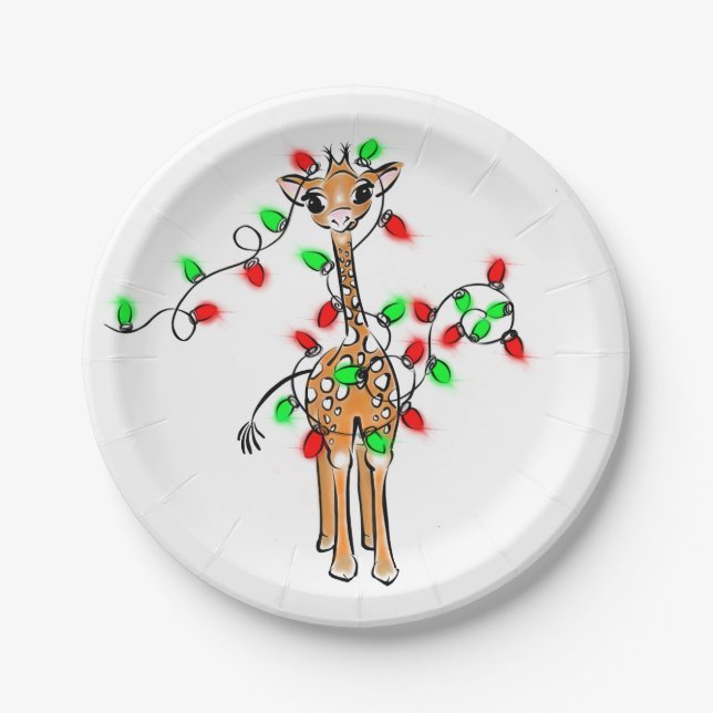 Holiday Giraffe- twinkle red and green lights Paper Plates (Front)
