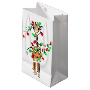 Holiday Giraffe- twinkle red and green lights Small Gift Bag