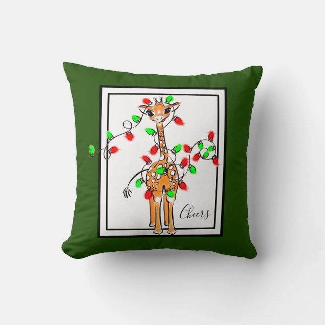 Holiday Giraffe- twinkle red and green lights Throw Pillow (Front)
