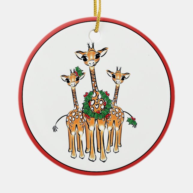 Holiday Giraffes Ceramic Ornament (Front)