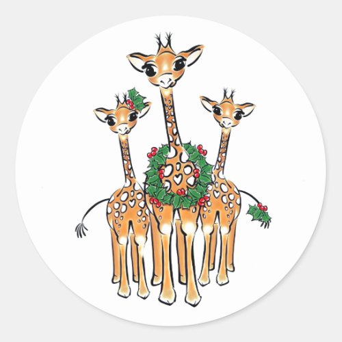 Holiday Giraffes Classic Round Sticker