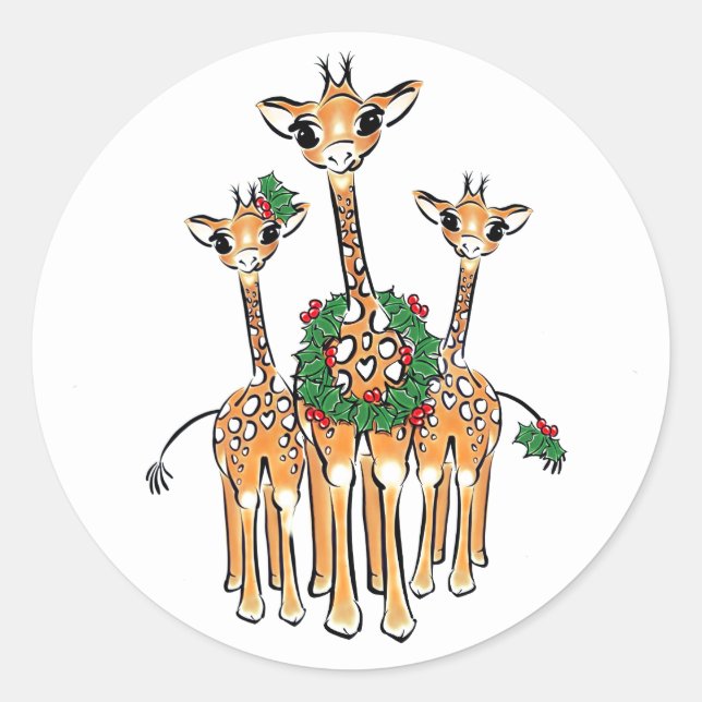 Holiday Giraffes Classic Round Sticker (Front)