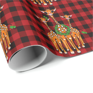 Holiday Giraffes, holly garland, red plaid tartan Wrapping Paper