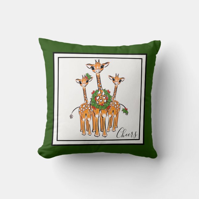 Holiday Giraffes- red and green Holly Wreath Throw Pillow (Front)