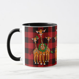 Holiday Giraffes, red tartan, holly wreaths Mug