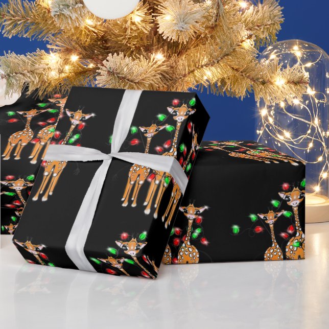 Holiday Giraffes, twinkle red and green lights Wrapping Paper (Holidays)