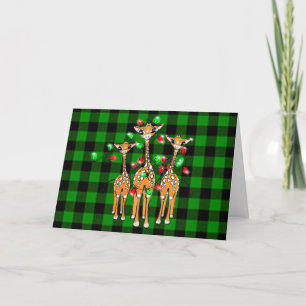 Holiday Giraffes, twinkle red green lights, plaid  Card