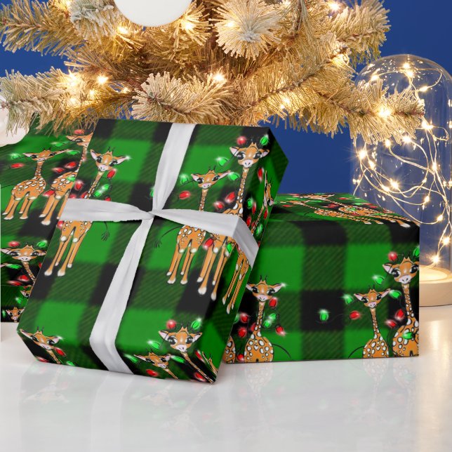 Holiday Giraffes, twinkle red green lights, plaid Wrapping Paper (Holidays)