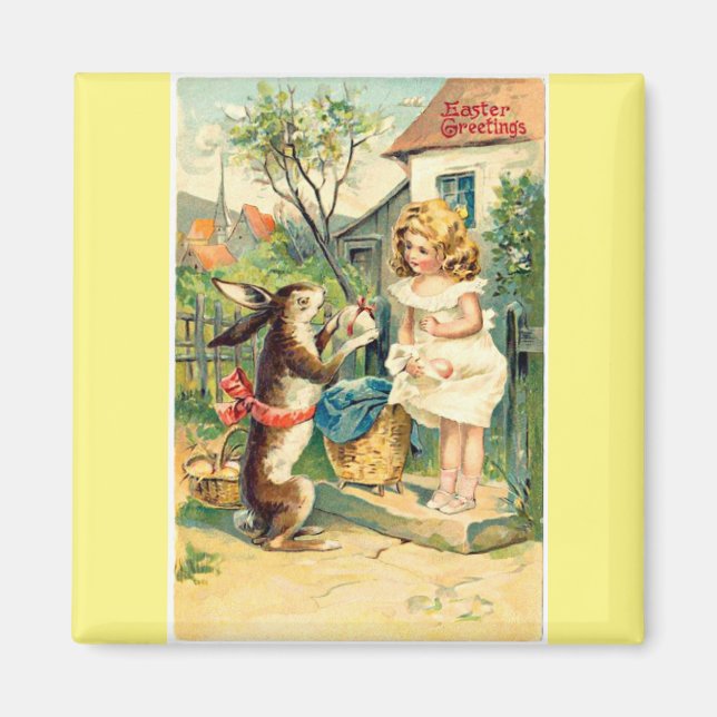 Holiday Girl & Bunny Vintage Easter Magnet (Front)