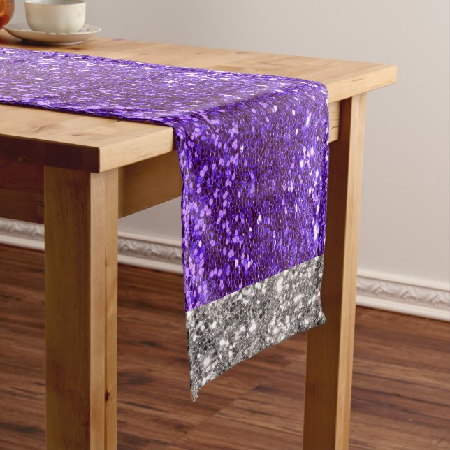 Holiday Glitter Purple Silver Bling Sparkly Short Table Runner (In Situ)