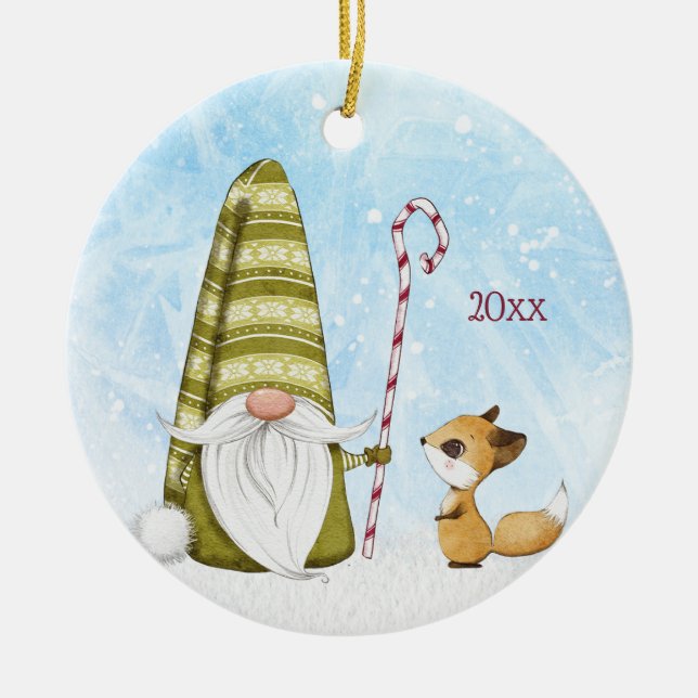 Holiday Gnome and Fox Custom Year Keepsake Ceramic Ornament (Front)