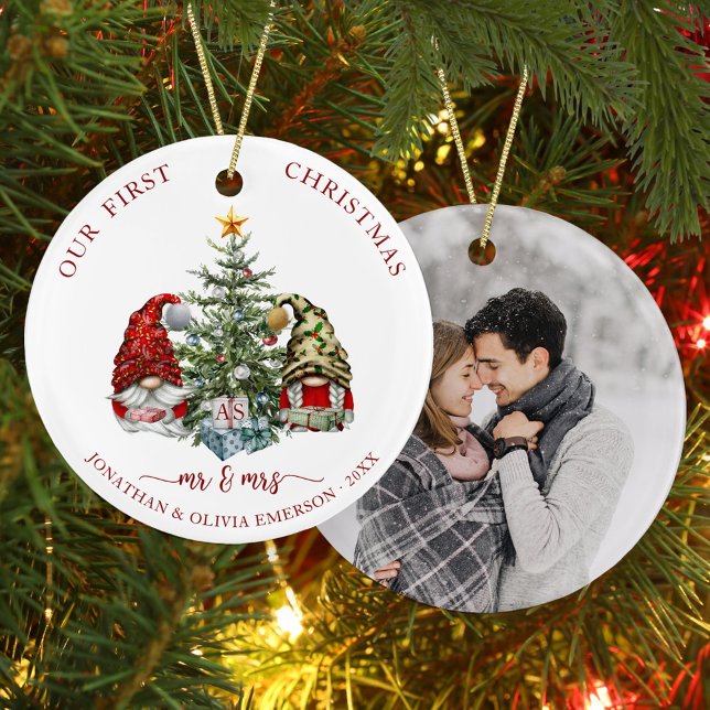 Holiday Gnomes First Christmas Mr and Mrs Photo  Ceramic Ornament (Creator Uploaded)