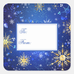 Holiday Gold Blue Snowflakes Xmas Christmas Square Sticker