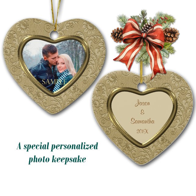 Holiday Gold Brocade Photo Template Ceramic Ornament (Creator Uploaded)