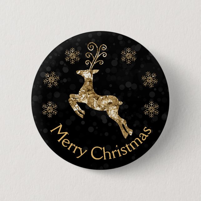 Holiday Gold crumpled Foil Christmas Reindeer Button (Front)