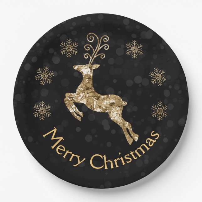 Holiday Gold crumpled Foil Christmas Reindeer Paper Plates (Front)