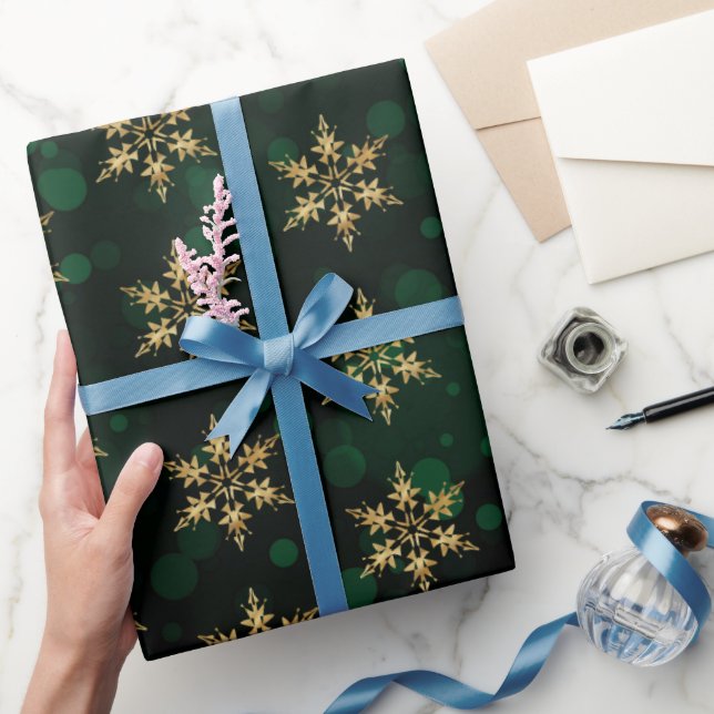 Holiday Gold Faux Foil Snowflakes on Green  Bokeh Wrapping Paper (Gifting)