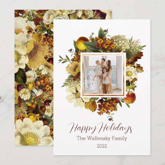 Holiday Gold Floral Photo Family Christmas Invitation (Front/Back)