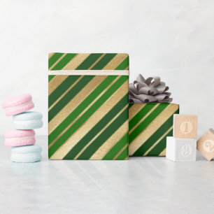 Holiday Gold Foil and Green Christmas Stripes Wrapping Paper