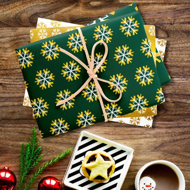 Holiday gold foil white green snowflake pattern wrapping paper sheets (Creator Uploaded)