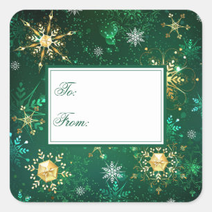 Holiday Gold Green Snowflakes Xmas Christmas Square Sticker