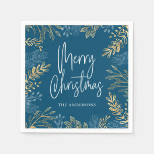 Holiday Gold Greenery Dark Blue Christmas Napkins