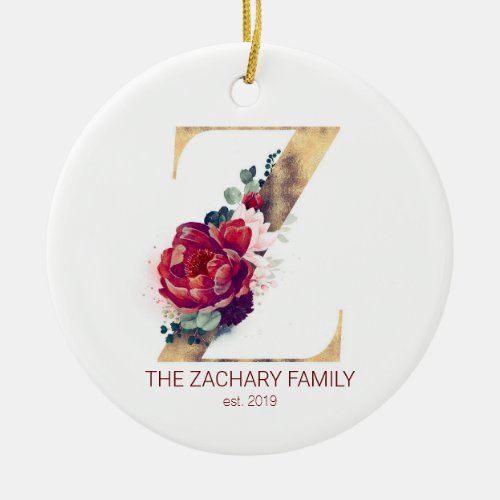 Holiday Gold Monogram Newlywed Family Photo Red Ceramic Ornament