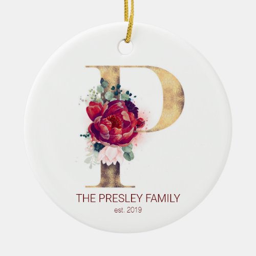 Holiday Gold Monogram Newlywed Or Family Photo Ceramic Ornament