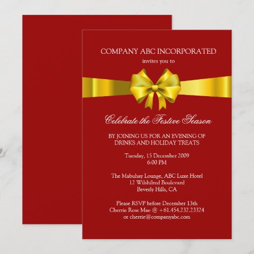 Holiday Gold Ribbon Illustration Corporate Party Invitation | Zazzle