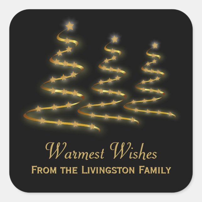 Holiday Gold Ribbon Stylized Christmas Trees Black Square Sticker (Front)