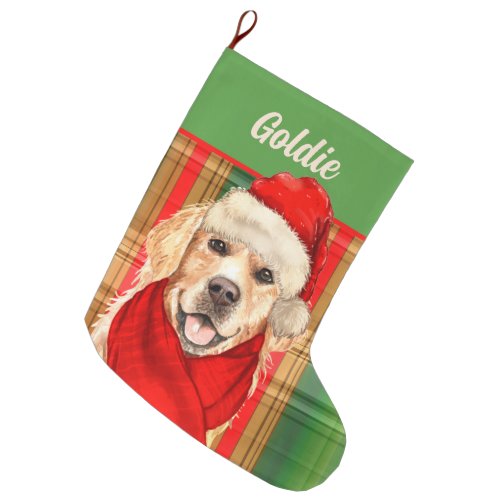 Holiday Golden Retriever and Plaid with Dogs Name Large Christmas Stocking