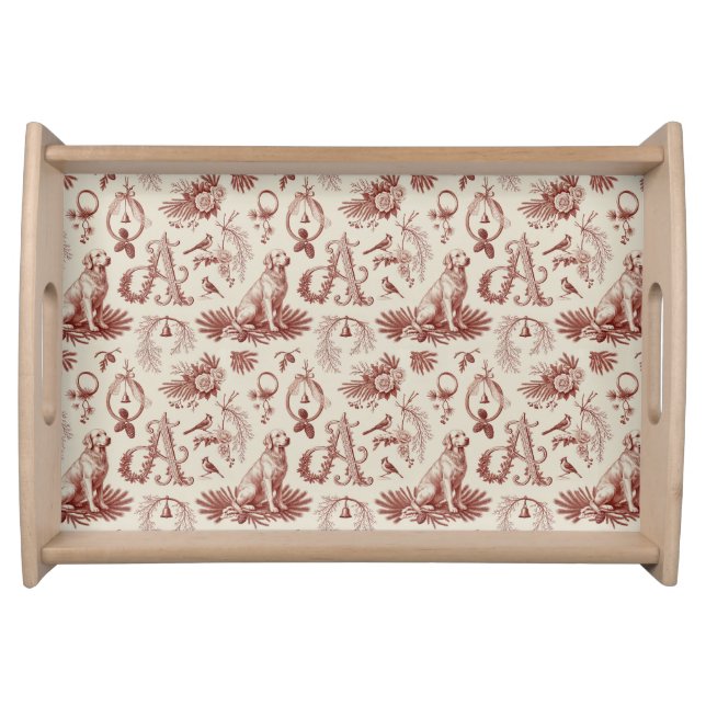 Holiday Golden Retriever Monogram Letter A Tray (Front)