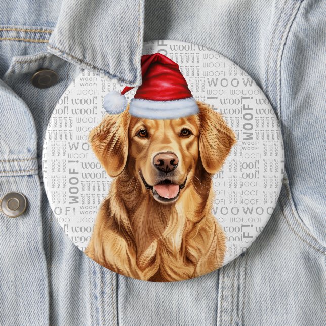 Holiday Golden Retriever Santa Dog Woof Background Button (In Situ)