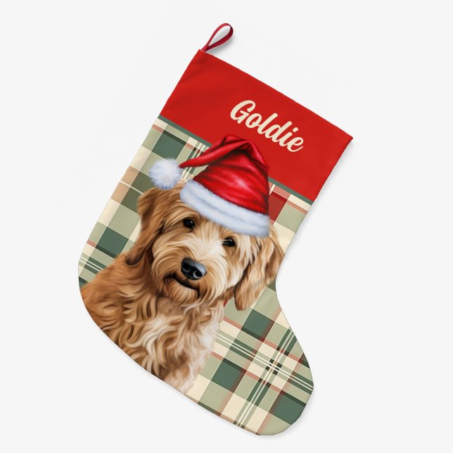 Holiday Goldendoodle Plaid with Dog's Name Large Christmas Stocking (Front (Hanging))