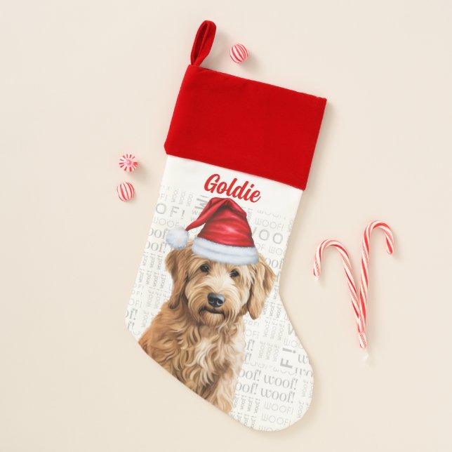 Holiday Goldendoodle with Dog's Name Christmas Christmas Stocking (Front)